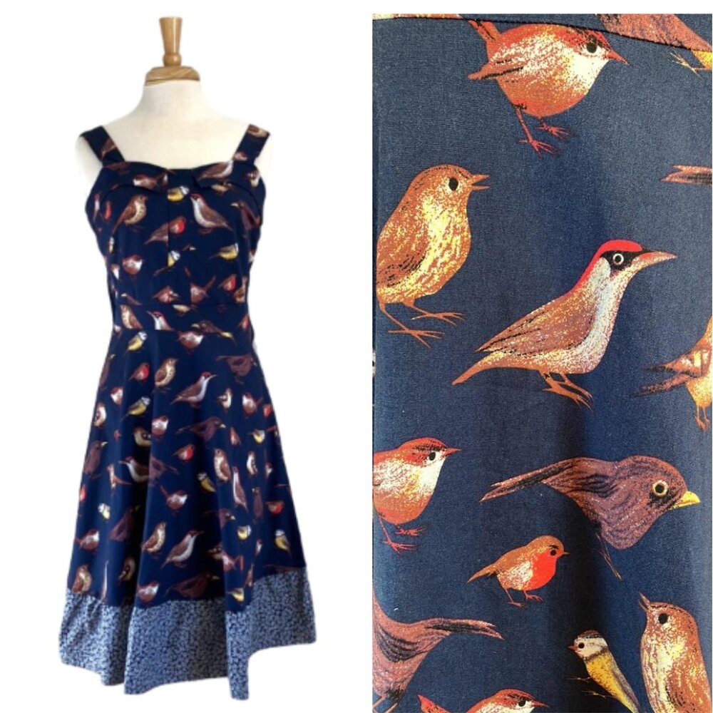 Handmade bird print swing dress rockabilly cotton sundress navy flowers 10, M/L